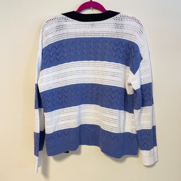 Tipped Pointelle V Neck Long Sleeve Cardigan Sweater Stripes White Blue Size M - Picture 3 of 5